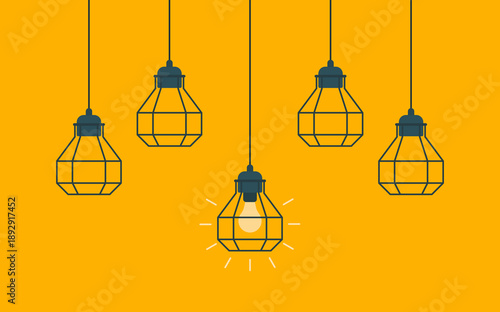 Hanging light bulb illustration with minimal line style on bright yellow background