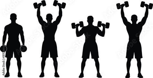 Silhouette of a Man Performing Standing Dumbbell Shoulder Overhead Press Exercises for Strength Training and Fitness Bodybuilding Workout Routine Illustrations