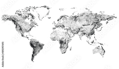 Black halftone world map on with some countries darker