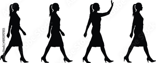 Four black silhouettes of women walking in heels