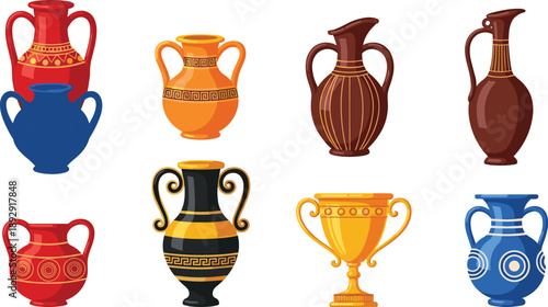 Set of colorful ancient Greek and Roman amphoras vases and pottery jugs with traditional ornaments and patterns isolated on white background