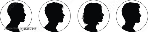Four black silhouettes of people's heads in profile inside oval frames profiles ovals