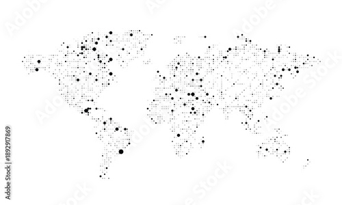 Black and white world map made of small dots
