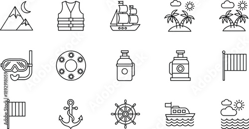 Set of thin line nautical icons featuring anchor life vest tropical island sailboat and mountain symbols for maritime travel design