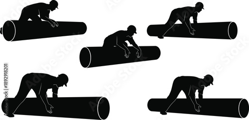Silhouette collection of construction workers or engineers installing large industrial pipes and pipeline infrastructure isolated on a white background