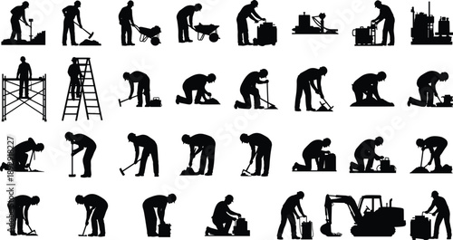 Silhouette Collection of Construction Workers Performing Manual Labor Tasks with Tools and Equipment for Industrial, Safety, and Educational Use