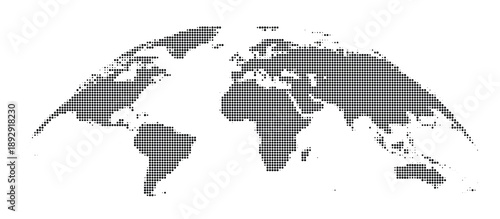 Black and white pixelated world map on with grid pattern