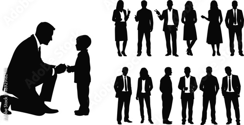 Silhouette collection of professional business people in suits and a father kneeling to talk with his young son isolated on white