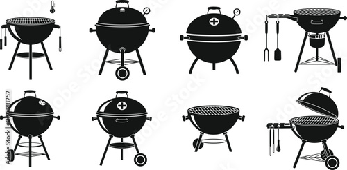 Silhouette collection of various round charcoal barbecue kettle grills with lids and cooking tools for outdoor garden summer parties isolated on white