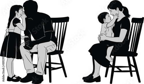 Silhouette illustration of a daughter whispering a secret to her father and a mother holding her young son on a chair