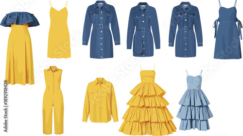 Stylized Collection of Ten Women’s Fashion Garments in Yellow and Denim Blue for Apparel Design, Retail, and Style Presentation