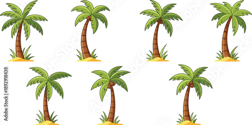 Cartoon palm trees on sandy mounds with grass green leaves brown trunks