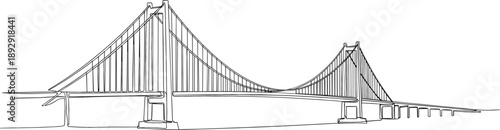 Modern minimalist suspension bridge vector illustration featuring continuous line art style for architectural and engineering design projects.