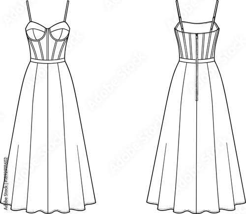 Technical fashion illustration of midi dress with structured bodice, thin straps, seam detailing, and back zipper closure.