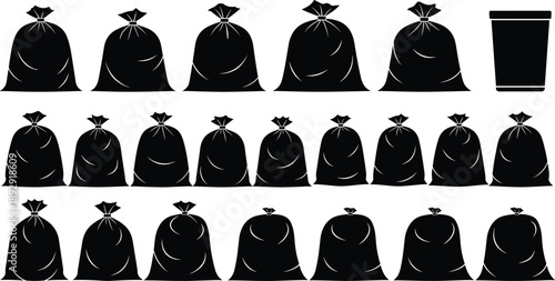 Black trash bags and can on white background garbage