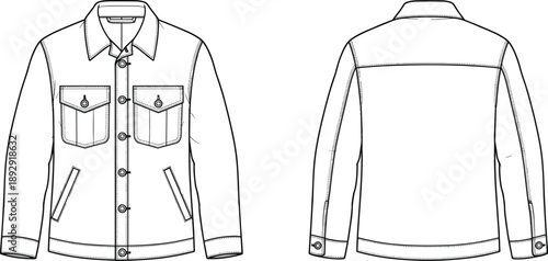 Technical Fashion Flat Sketch of a Men Long Sleeve Denim Jacket Featuring Front and Back Views with Pockets and Button Details