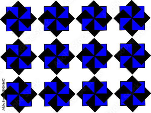 Seamless geometric pattern with blue and black pinwheel squares arranged in a repeating grid, modern abstract background for textile, wallpaper, and design.