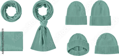 Teal winter accessories collection featuring scarves and beanies in varied styles for cozy fashion and seasonal retail display