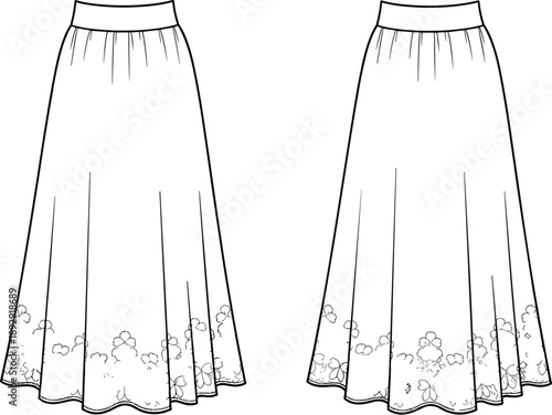 Technical Fashion Flat Sketch of a Women Long Maxi Skirt Featuring Front and Back Views with Elastic Waistband and Floral Hem Embroidery Details