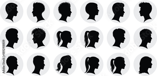 Black silhouettes of people with various hairstyles in gray circles heads faces