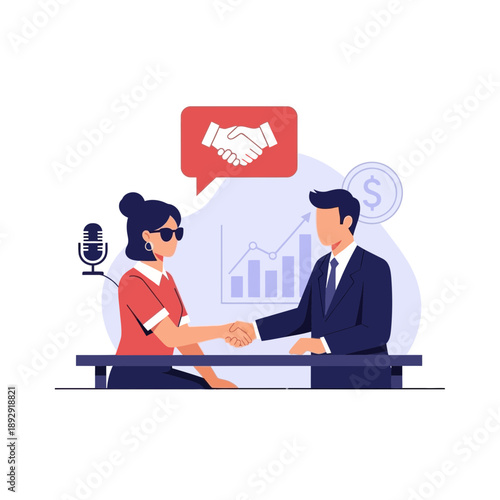 Two people shake hands over a table with a microphone.