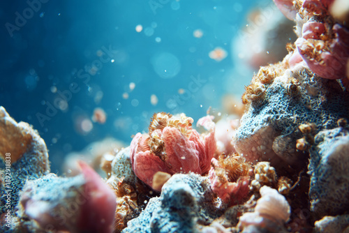 Corals and sponges lie in fragments, affected by disintegration. Tiny creatures cling to the remnants, illuminated by soft light, revealing ecosystem changes and habitat loss