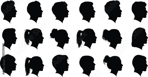 Black silhouettes of people with different hairstyles white background