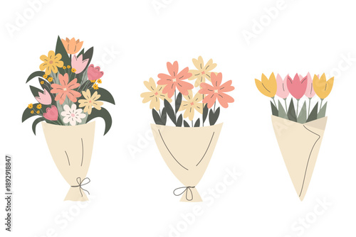 Bouquets set fresh flowers in different arrangements. Perfect for Women's Day, Mother's Day, weddings, and spring celebrations. Vector illustration isolated on white background.