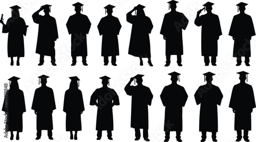 Black silhouettes of people wearing graduation gowns and caps