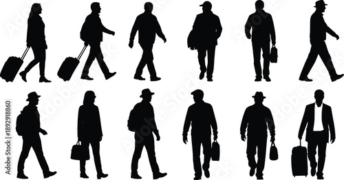 Black silhouettes of people walking with luggage on white background suitcases