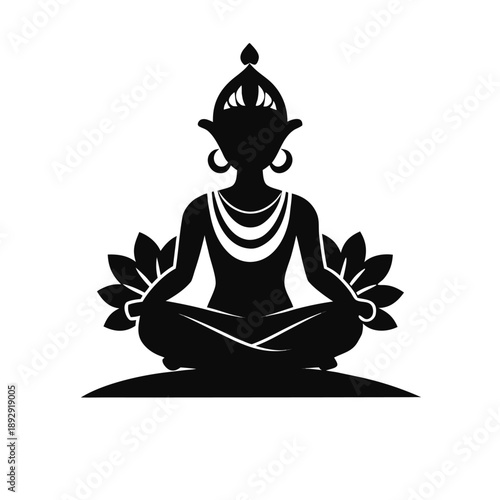 Silhouette of a person meditating in a lotus position against a large, vibrant orange sun and dramatic clouds, symbolizing inner peace, mindfulness, and a healthy lifestyle amidst a stylized mountain