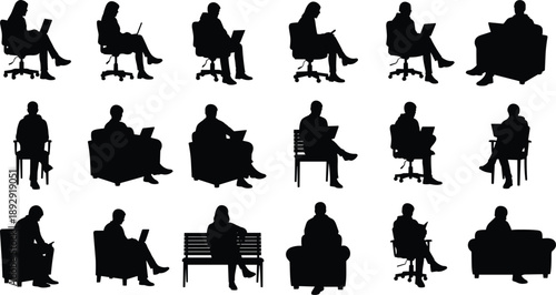 Black silhouettes of people sitting on office chairs and couches with laptops