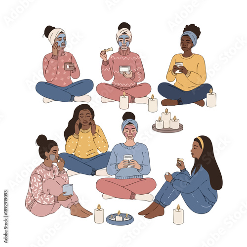 A digital illustration of a diverse group of women enjoying a relaxing galentine's day together, wearing face masks and eating snacks by candles. Perfect for galentine's day promotions,