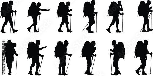 Black silhouettes of people hiking with backpacks and trekking poles people walking