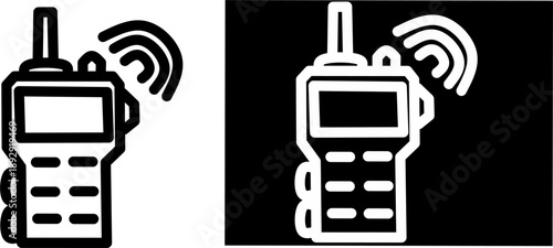 Black and white walkie talkie icon with radio signal waves, representing wireless communication, two way radio, security, emergency, and technology concept.