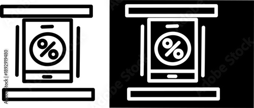 Black and white line icon of a smartphone with percentage symbol on a balance scale, representing pricing, discounts, mobile commerce, and financial comparison.