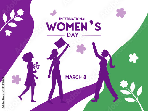 International Womens Day celebration poster with purple and green design
