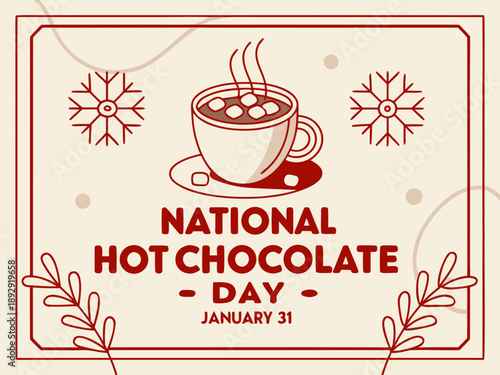 National Hot Chocolate Day illustration with steaming mug and marshmallows on January 31