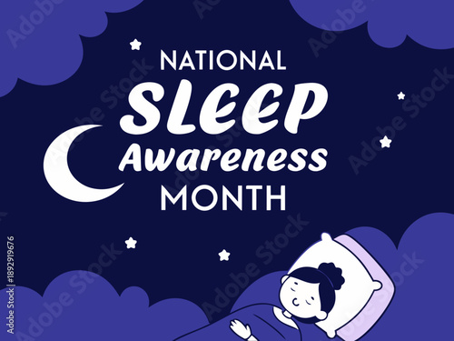 National Sleep Awareness Month illustration with woman sleeping peacefully in bed under stars and moon