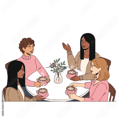 A digital illustration of four women celebrating Galentine's Day with coffee and conversation. Perfect for social media posts, greeting cards, and women's lifestyle articles.