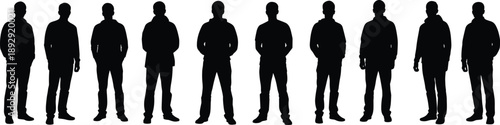 Black silhouettes of men in various poses white background standing 1