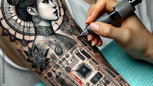 Tattoo artist creates detailed design on arm in studio