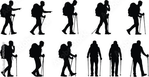 Black silhouettes of hikers with backpacks and trekking poles in various walking positions