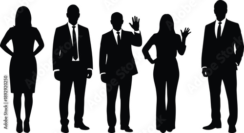 Black silhouettes of five business people standing white background