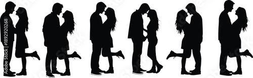 Black silhouettes of couples kissing and embracing