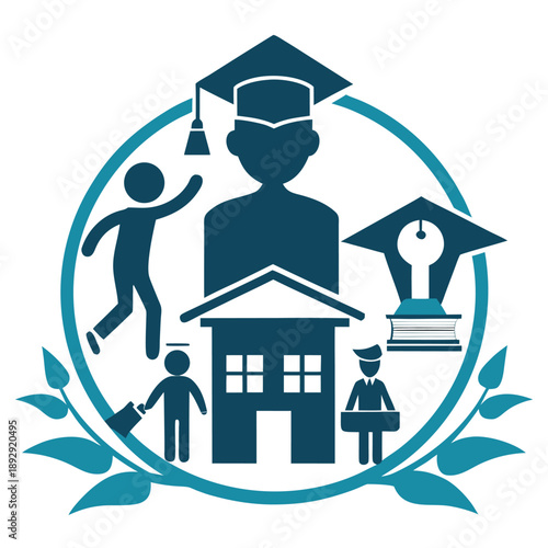 Graduates holding books and laptops in flat colorful style