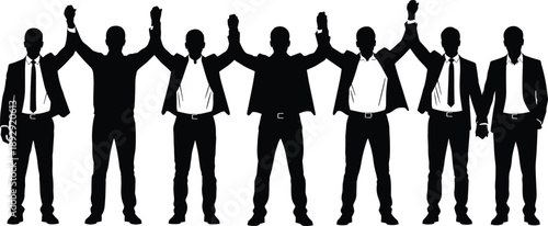 Black silhouettes of businessmen in suits with raised arms white background