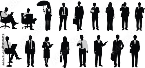 Black silhouettes of business people in various poses on white background