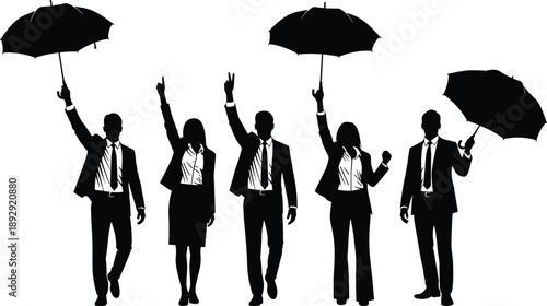 Black silhouettes of business people holding umbrellas and gesturing white