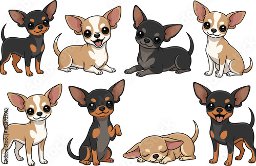 Playful Chihuahua Dog Character Set Featuring Cute Brown and Black Puppies in Various Poses Including Sitting Standing and Sleeping Cartoon Mascot Style